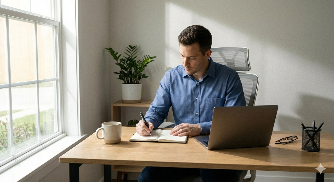 Un entrepreneur serein qui avance dans sa journée